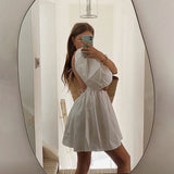 Women White Sexy Backless Lace Up Mini Dresses, Puff Sleeve Sweet Dress Summer Holiday Sundress Elegant Dress Clothes