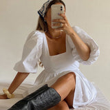 Women White Sexy Backless Lace Up Mini Dresses, Puff Sleeve Sweet Dress Summer Holiday Sundress Elegant Dress Clothes