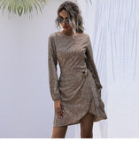 Autumn Winter Asymmetrical Dress Women Casual Full Sleeve Slim Leopard Bandage Print Short Dress 2022 New