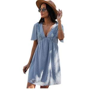 Spring Summer Sexy V Neck Solid Dress Women High Waist Jacquard Short Sleeve Dress Fashion Loose