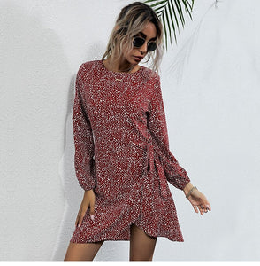 Autumn Winter Asymmetrical Dress Women Casual Full Sleeve Slim Leopard Bandage Print Short Dress 2022 New