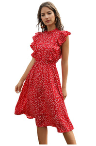 WomanElegant Dot Print Chic Dress Women Butterfly Sleeve Ruffles Medium Long Chiffon Dress