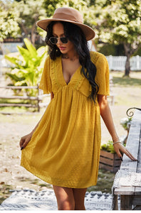 Spring Summer Sexy V Neck Solid Dress Women High Waist Jacquard Short Sleeve Dress Fashion Loose