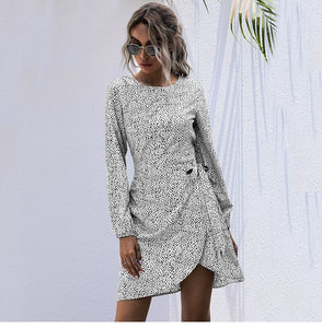 Autumn Winter Asymmetrical Dress Women Casual Full Sleeve Slim Leopard Bandage Print Short Dress 2022 New