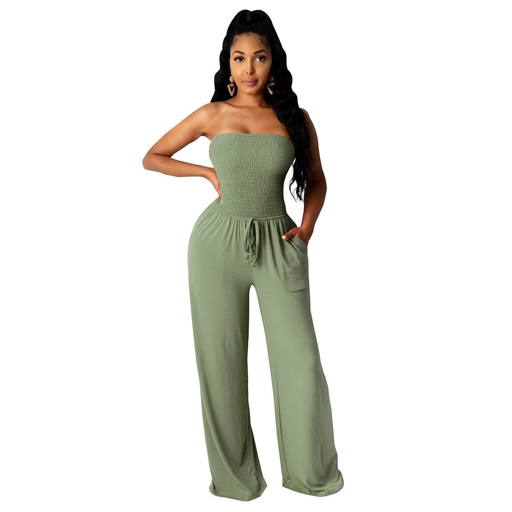 Women Casual Sleeveless Jumpsuits, Sexy Lace Up Loose Overalls with Pocket Stretchy Chest
