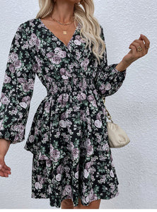 Women #39;s Spring Fall V Neck Long Sleeve Floral A Line Dress For Ladies Fashion Puff Sleeve Printed All Match Waist Dress