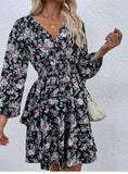 Women #39;s Spring Fall V Neck Long Sleeve Floral A Line Dress For Ladies Fashion Puff Sleeve Printed All Match Waist Dress