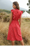 WomanElegant Dot Print Chic Dress Women Butterfly Sleeve Ruffles Medium Long Chiffon Dress