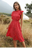 WomanElegant Dot Print Chic Dress Women Butterfly Sleeve Ruffles Medium Long Chiffon Dress