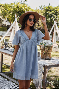 Spring Summer Sexy V Neck Solid Dress Women High Waist Jacquard Short Sleeve Dress Fashion Loose