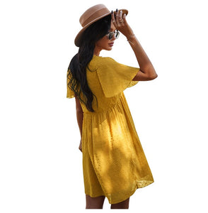 Spring Summer Sexy V Neck Solid Dress Women High Waist Jacquard Short Sleeve Dress Fashion Loose