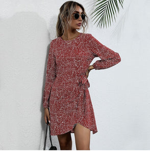 Autumn Winter Asymmetrical Dress Women Casual Full Sleeve Slim Leopard Bandage Print Short Dress 2022 New