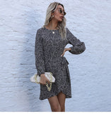 Autumn Winter Asymmetrical Dress Women Casual Full Sleeve Slim Leopard Bandage Print Short Dress 2022 New