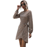 Autumn Winter Asymmetrical Dress Women Casual Full Sleeve Slim Leopard Bandage Print Short Dress 2022 New