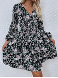 Women #39;s Spring Fall V Neck Long Sleeve Floral A Line Dress For Ladies Fashion Puff Sleeve Printed All Match Waist Dress