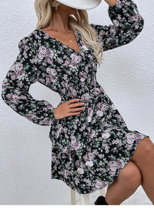 Women #39;s Spring Fall V Neck Long Sleeve Floral A Line Dress For Ladies Fashion Puff Sleeve Printed All Match Waist Dress