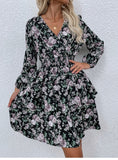 Women #39;s Spring Fall V Neck Long Sleeve Floral A Line Dress For Ladies Fashion Puff Sleeve Printed All Match Waist Dress