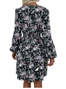 Women #39;s Spring Fall V Neck Long Sleeve Floral A Line Dress For Ladies Fashion Puff Sleeve Printed All Match Waist Dress