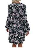 Women #39;s Spring Fall V Neck Long Sleeve Floral A Line Dress For Ladies Fashion Puff Sleeve Printed All Match Waist Dress