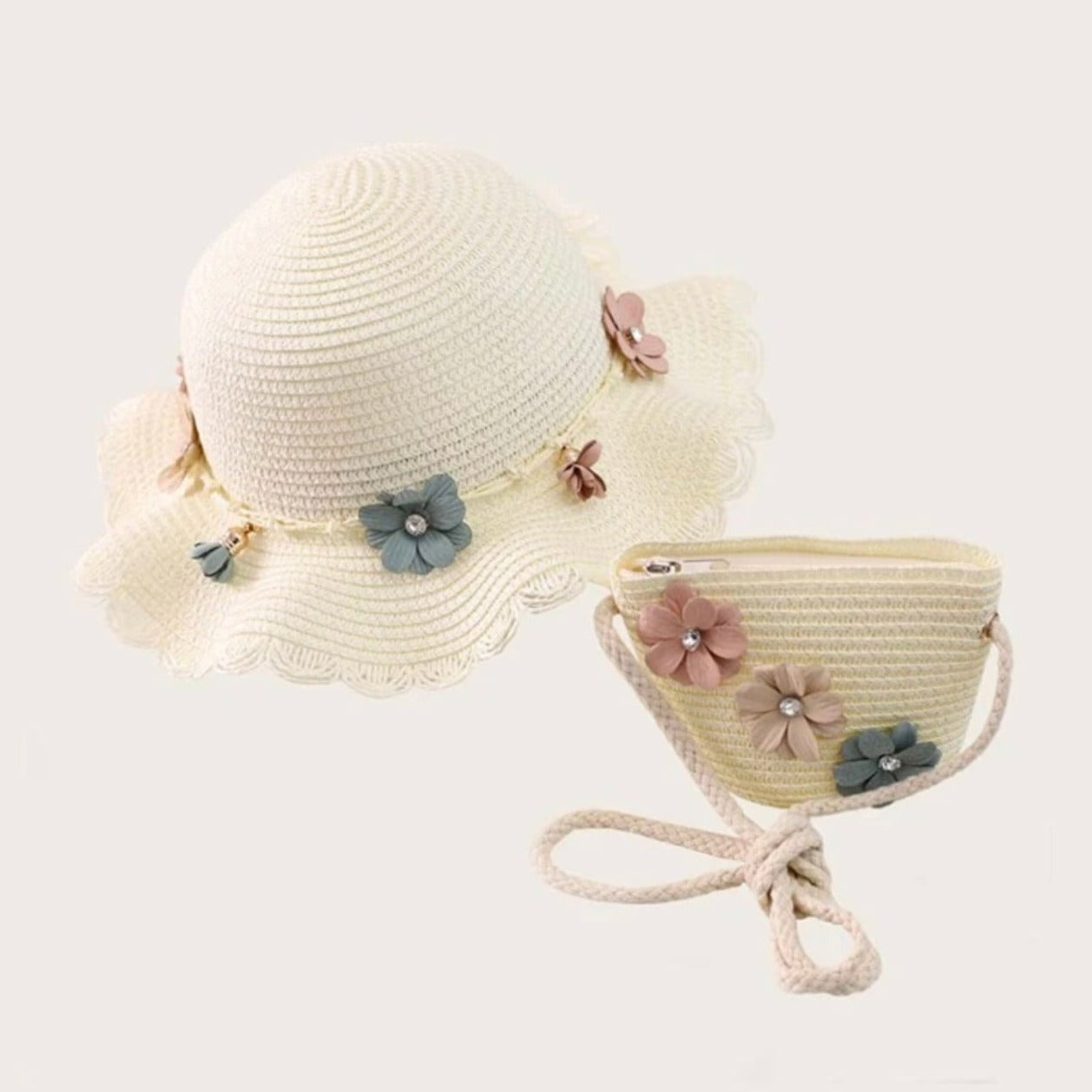 Girls Flower Decor Straw Hat & Bag