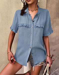 Summer Single Breasted Blouses Women Cotton 2022 New Short Sleeve Loose O Neck Fashion Sexy Shirt Top Casual