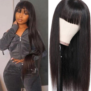 Straight Wig With Bangs Fringe Straight Human Hair Wig For Women Brazilian Hair Bangs Wig Full Machine Made Remy Hair Glueless