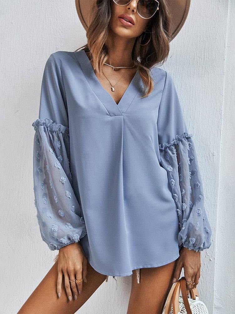 Patchwork Top 2022 New Women Summer V Neck Solid Color Full Sleeve Leisure Holiday Loose Chic Blouses
