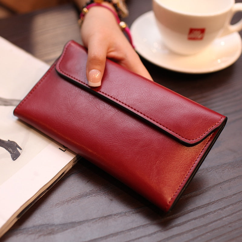 Genuine Leather Wallet Women Fashion Money Bag with Magnetic Buckle Long Wallet Pocket Handbag Leather Card Holder for Women Navy Blue / China