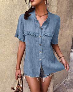 Summer Single Breasted Blouses Women Cotton 2022 New Short Sleeve Loose O Neck Fashion Sexy Shirt Top Casual