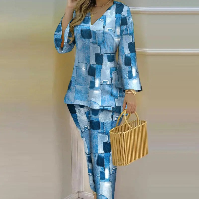 Chic Vintage Printed Women&#39;s Set V-neck Long Sleeve T-shirt and Flare Pants 2023 Two 2 Piece Set Outfit Tracksuit