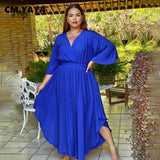 Woman Plus Size Women High Waist V-neck Big Swing Ruched Side Maxi Long Dress 2022 New Elegant Fashion Solid Dresses