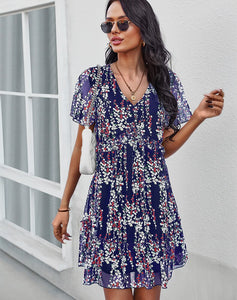 Sexy V Neck Floral Dress Women Short Sleeve High Waist Print Dresses Ladies Summer Chiffon Dress