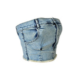 women fashion blue color sexy strapless denim tube crop top , summer zipper up corset