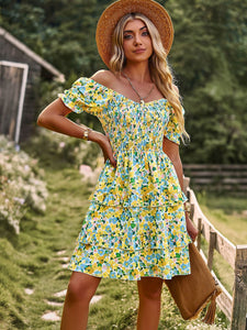 Women French Romantic Floral Dress Spring Summer Square Neck Short Sleeve High Waist Cake Dress 2023 New