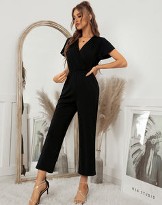 Women 2021 New Spring Summer Jumpsuit Short Sleeve V Neck Sexy One Piece Pants For Ladies Causal Fashion High Waist Jumpsuits