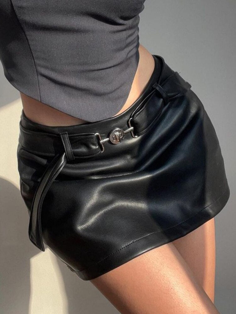 Women Vintage PU Leather Mini Skirts ,Outfits Gothic Punk Grunge Black Skirt Bottoms Streetwear Clothes