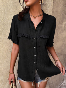 Summer Single Breasted Blouses Women Cotton 2022 New Short Sleeve Loose O Neck Fashion Sexy Shirt Top Casual