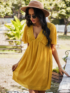 Spring Summer Sexy V Neck Solid Dress Women High Waist Jacquard Short Sleeve Dress Fashion Loose