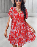 Sexy V Neck Floral Dress Women Short Sleeve High Waist Print Dresses Ladies Summer Chiffon Dress