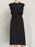 WomanElegant Dot Print Chic Dress Women Butterfly Sleeve Ruffles Medium Long Chiffon Dress