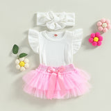 0-18M Newborn Baby Girls 3Pcs Summer Outfits Fly Sleeve Ribbed Bodysuit Pink Tutu Shorts Headband Set