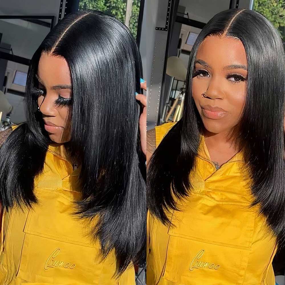 Layered Cut Straight Lace Front Wigs Free Part Brazilian Layered Human Hair Wigs for Women Pre Plucked Baby Hair Natural Black