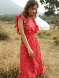 WomanElegant Dot Print Chic Dress Women Butterfly Sleeve Ruffles Medium Long Chiffon Dress