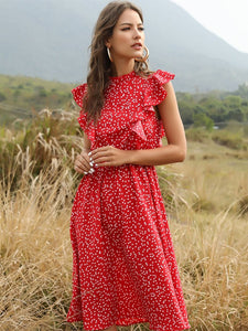 WomanElegant Dot Print Chic Dress Women Butterfly Sleeve Ruffles Medium Long Chiffon Dress