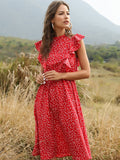 WomanElegant Dot Print Chic Dress Women Butterfly Sleeve Ruffles Medium Long Chiffon Dress