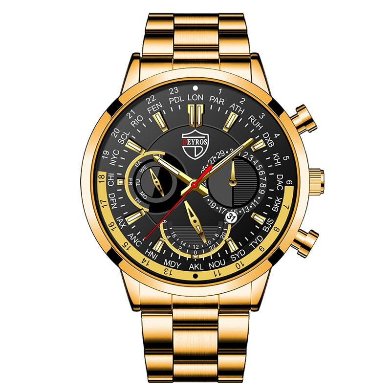 Fashion Men Wristwatch Gold Stainless Steel Quartz Watch for Man Luxury Business Male Luminous Hands Leather Clock reloj hombre
