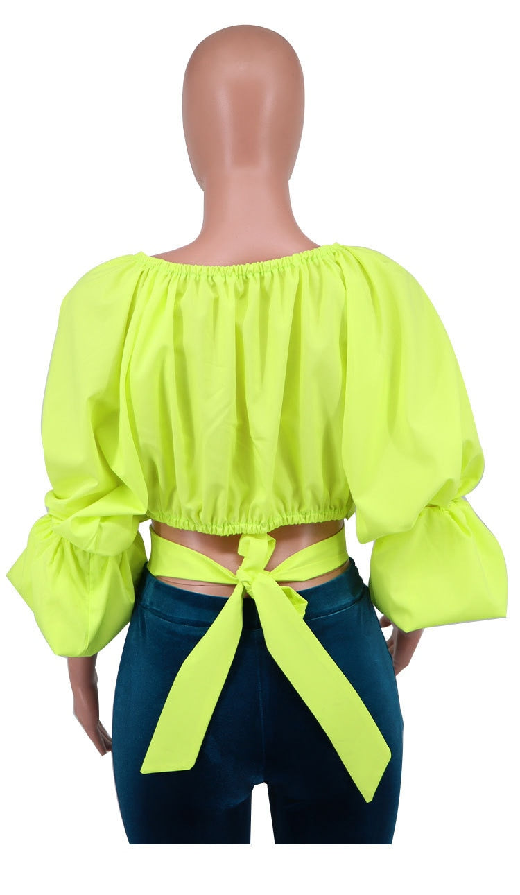 Women Bow Back Cut Out Waist Lantern Three Quarter Sleeve V-neck Blouse and Shirt Tops for 2022 New Summer Spring