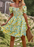 Women French Romantic Floral Dress Spring Summer Square Neck Short Sleeve High Waist Cake Dress 2023 New