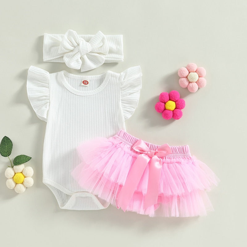 0-18M Newborn Baby Girls 3Pcs Summer Outfits Fly Sleeve Ribbed Bodysuit Pink Tutu Shorts Headband Set