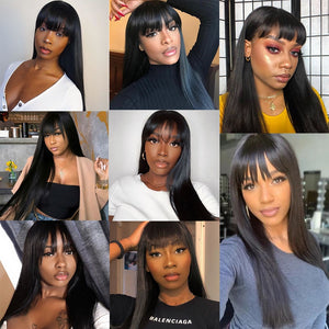 Straight Wig With Bangs Fringe Straight Human Hair Wig For Women Brazilian Hair Bangs Wig Full Machine Made Remy Hair Glueless